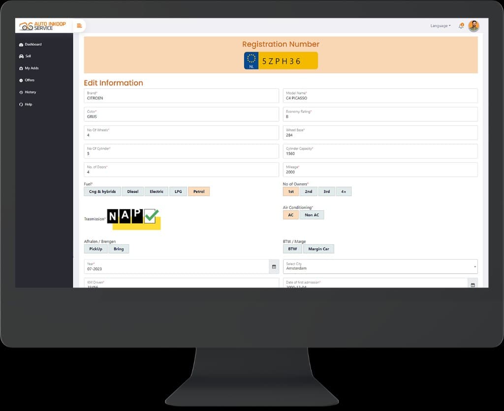 AutoInkoopService dashboard: voertuiggegevens bewerken na kentekeninvoer