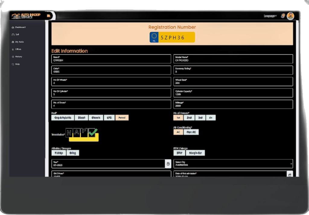 AutoInkoopService dashboard: voertuiggegevens bewerken na kentekeninvoer